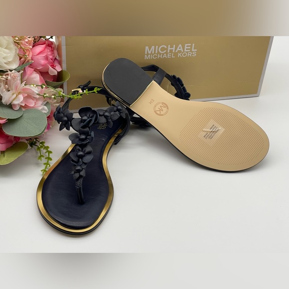 Michael Kors Thong Admiral Blue Leather Sandal Floral Accents - Picture 13 of 16